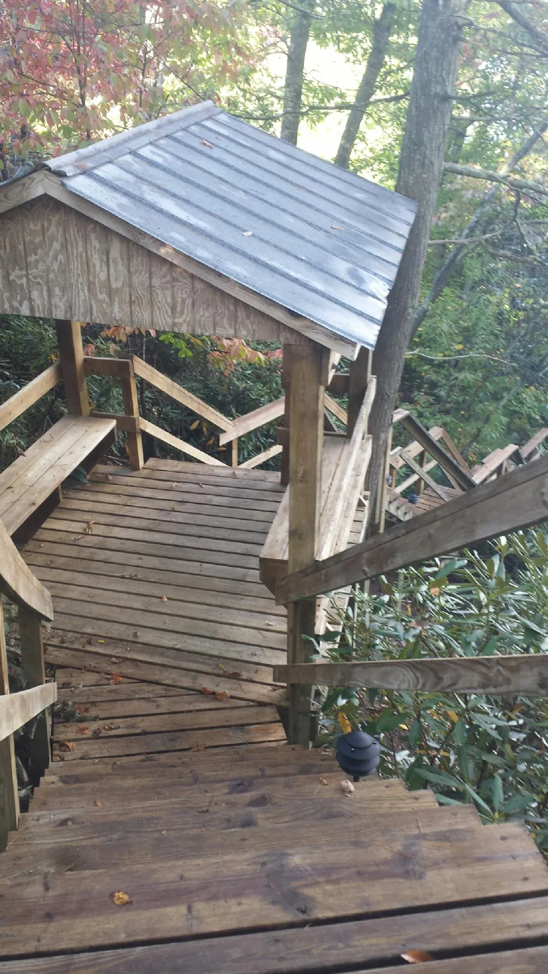 Metal roofed shelter over wooden steps on a wooded walkway — Skylight Repair & Installation work by our crew in Flat Top